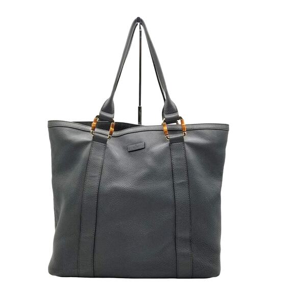 GUCCI Gray Leather Tote Large Bamboo Goldtone Double Strap - Picture 1 of 16